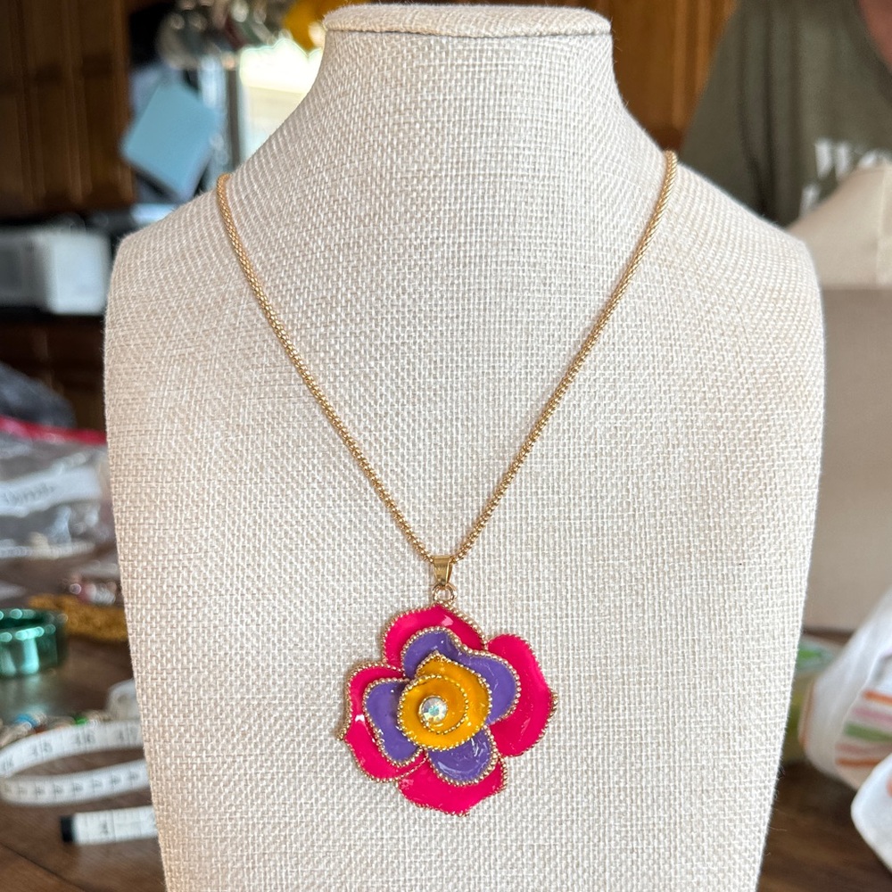Betsey Johnson Gold Necklace with Pink, Purple and Yellow Flower Pendant